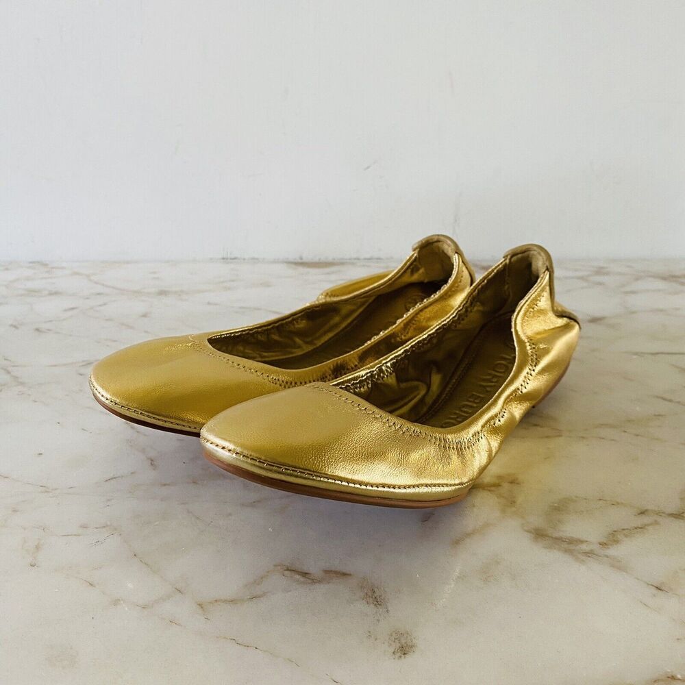 TORY BURCH Solid Metallic Gold Leather Bendable Ballerina Flats - US 6.5